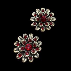 Pierced Earrings Silver tone Flowers Red Glass Rhinestones